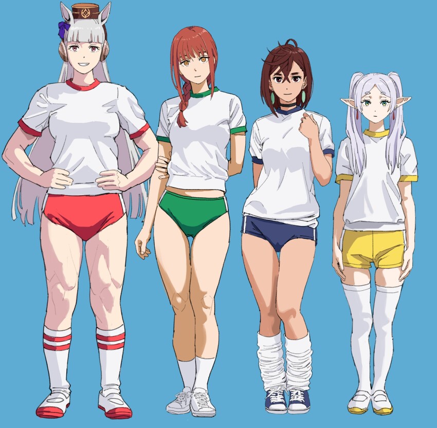 4girls absurdres ayase_momo blue_background blue_buruma braid brown_hair buruma chainsaw_man commentary crossover dandadan elf english_commentary frieren full_body gold_ship_(umamusume) green_buruma hat headphones highres horse_girl long_hair looking_at_viewer loose_socks makima_(chainsaw_man) multiple_crossover multiple_girls muscular muscular_female pointy_ears red_buruma shiren_(ourboy83) shirt shorts simple_background socks sousou_no_frieren sportswear standing thighhighs twintails umamusume white_hair white_shirt white_socks white_thighhighs yellow_shorts