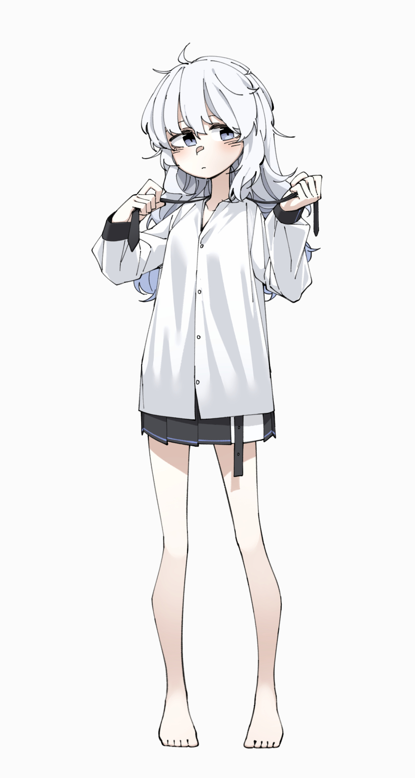 1girl absurdres bare_legs black_skirt blush borrowed_character closed_mouth commentary english_commentary full_body highres long_hair long_sleeves looking_at_viewer neonfloyd original pleated_skirt shirt sidelocks simple_background skirt solo white_background white_eyes white_hair white_shirt