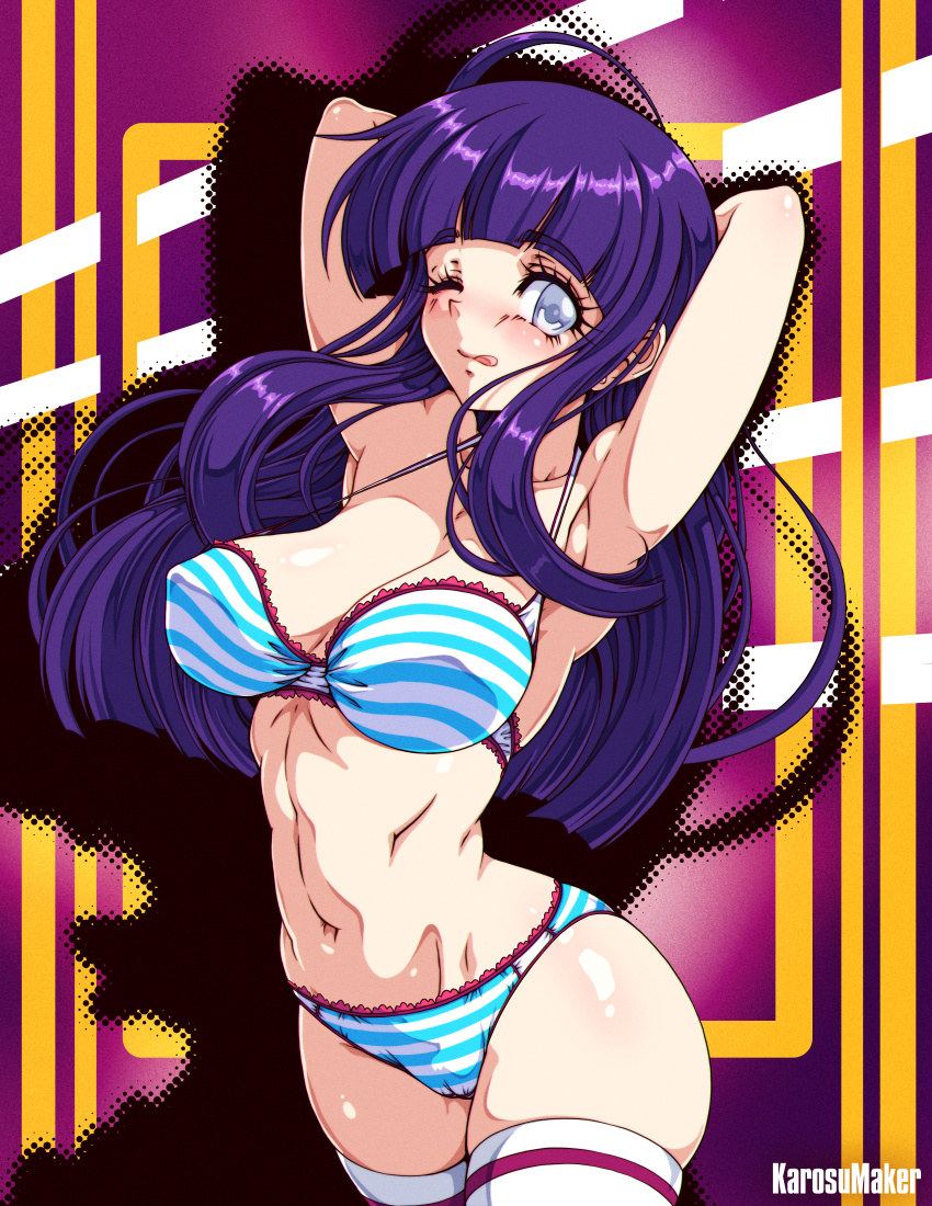 1girl ;q absurdres alternate_costume armpits arms_behind_head artist_name blue_bra blue_panties blunt_bangs bra breasts commentary commission contemporary cowboy_shot grey_eyes highres hyuuga_hinata karosu_maker large_breasts long_hair looking_at_viewer naruto_(series) navel one_eye_closed paid_reward_available panties purple_background purple_hair shadow solo standing stomach striped_bra striped_clothes striped_panties thighhighs tongue tongue_out underwear underwear_only white_thighhighs