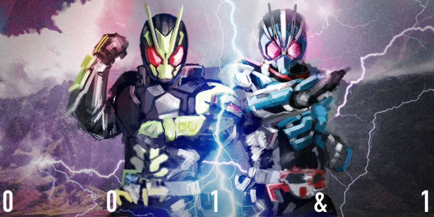 2boys absurdres antennae armor belt cycloneriser debris father_and_son forceriser henshin_pose highres kamen_rider kamen_rider:_reiwa_the_first_generation kamen_rider_01_(series) kamen_rider_type-1 kamen_rider_zero-one kamen_rider_zerozero_one lightning mask multiple_boys photoshop_(medium) pink_eyes progrise_key red_eyes rider_belt yygnzm
