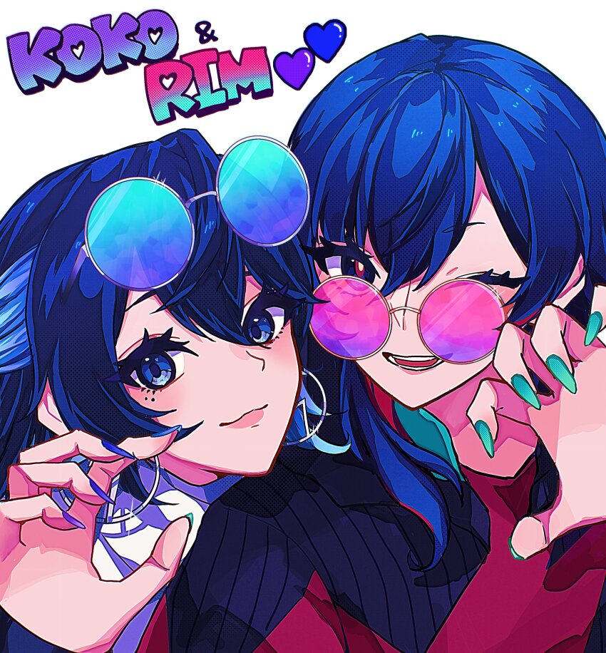 2girls absurdres blue_eyes blue_hair blue_nails character_name closed_mouth colored_inner_hair commentary_request curled_fingers earrings eyewear_on_head green_nails hair_between_eyes hair_over_shoulder hand_up heart highres hoop_earrings jacket jewelry kamitsubaki_studio koko_(kamitsubaki_studio) looking_at_viewer medium_hair moemoebi multicolored_eyes multicolored_hair multiple_girls one_eye_closed open_mouth portrait red_eyes red_hair rim_(kamitsubaki_studio) round_eyewear simple_background smile teeth two-tone_hair virtual_youtuber white_background wolf_cut yellow_pupils