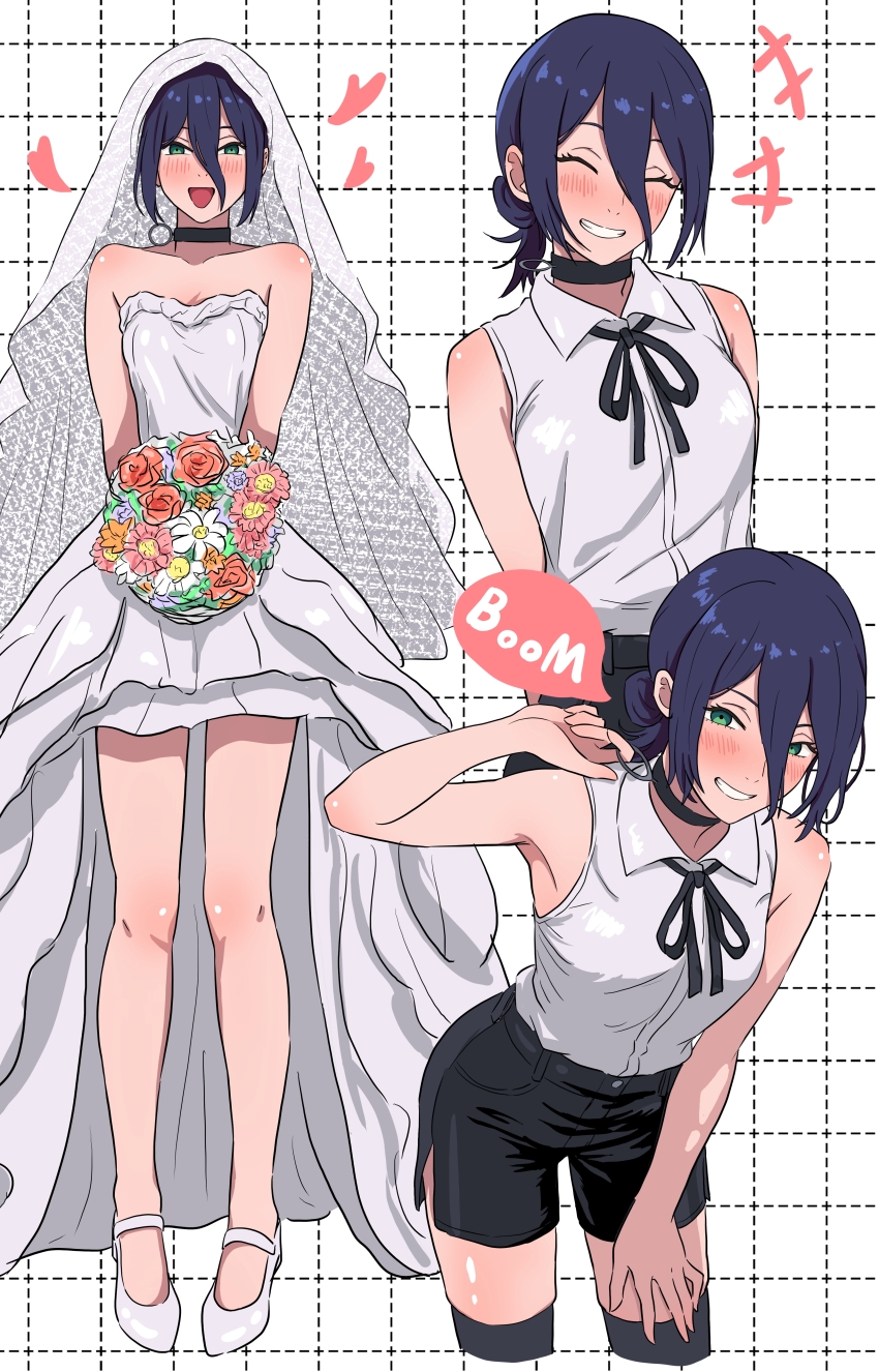 1girl ^_^ absurdres alternate_costume armpits bare_legs black_choker black_ribbon black_shorts black_thighhighs blush bouquet breasts bridal_veil chainsaw_man choker closed_eyes collarbone collared_shirt commentary_request cropped_legs dotted_line dress flower green_hair grenade_pin grid_background grin hair_between_eyes heart highres holding holding_bouquet leaning_forward long_hair_between_eyes looking_at_viewer multiple_views neck_ribbon reze_(chainsaw_man) ribbon shirt shirt_tucked_in shoes shorts sleeveless sleeveless_shirt small_breasts smile strapless strapless_dress thighhighs veil wedding_dress white_dress white_shirt white_shoes yoshikirino