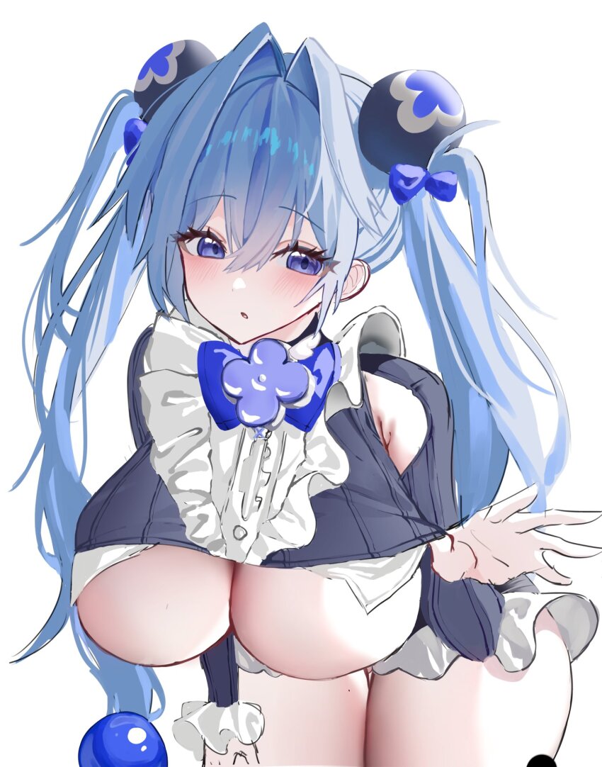 1girl armpit_cutout blue_eyes blue_hair blush breasts clothes_pull clothing_cutout dress eechuu flower frilled_dress frills goddess_of_victory:_nikke hair_between_eyes hair_intakes hair_ornament hansel_(nikke) highres large_breasts leaning_forward long_hair old_tales_(nikke) shirt_pull solo thighs twintails underboob very_long_hair white_background