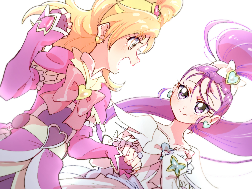 2girls arm_warmers azuma_yukihiko commentary_request cure_bloom cure_egret detached_sleeves dress earrings eyelashes fingerless_gloves futari_wa_precure_splash_star gloves hair_ornament hair_ribbon highres hyuuga_saki jewelry long_hair looking_at_another magical_girl mishou_mai multiple_girls orange_eyes orange_hair pink_dress ponytail precure purple_eyes purple_hair ribbon simple_background sketch white_background
