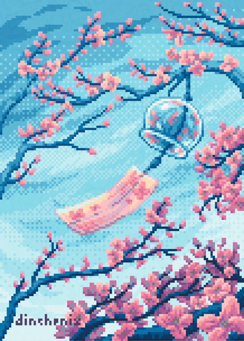 blue_sky branch cherry_blossoms commentary day dinchen dithering english_commentary flower flower_focus highres nature no_humans object_focus original outdoors pink_flower pixel_art plant plant_focus sky spring_(season) still_life wind_chime