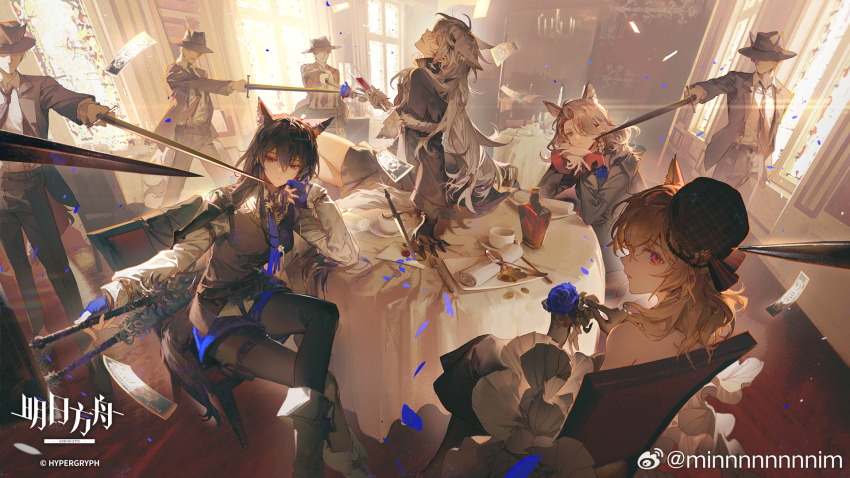 4boys 4girls alcohol arknights artist_name ascot black_gloves black_jacket black_pantyhose black_skirt blonde_hair boots bottle chinese_commentary commentary_request cup drinking_glass fedora fingerless_gloves flower giovanna_rossati_(arknights) gloves grey_hair hair_between_eyes hat highres holding holding_cup holding_sword holding_weapon indoors jacket lappland_(arknights) lappland_(refined_horrormare)_(arknights) letter long_hair mafia messy_hair min_(120716) multiple_boys multiple_girls official_art on_table open_clothes open_jacket out_of_frame pantyhose purple_ascot purple_flower purple_gloves purple_rose red_wine rose skirt sora_(arknights) sora_(melodiosa)_(arknights) sword table texas_(arknights) texas_the_omertosa_(arknights) weapon wine wine_bottle wine_glass
