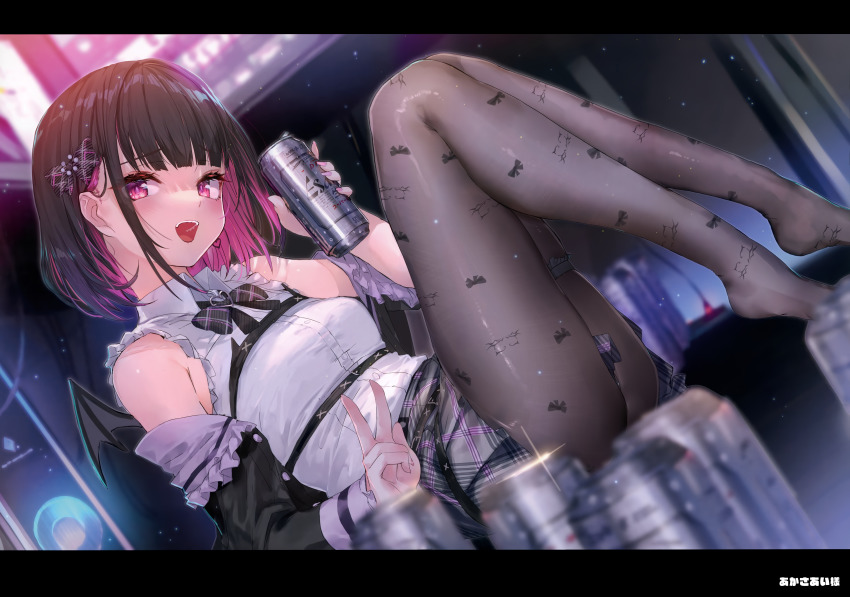 1girl absurdres alcohol artist_request bare_shoulders beer_can black_hair blurry blurry_background bow bow_print breasts buttons can detached_sleeves drink_can earrings fake_wings fingernails frills hair_ornament highres holding indie_virtual_youtuber jacket jewelry letterboxed long_sleeves looking_at_viewer mini_wings multicolored_hair off_shoulder open_clothes open_jacket open_mouth pantyhose pink_eyes pink_hair rikotan_(vtuber) scan shiny_clothes shirt short_hair simple_background single_earring sitting skirt small_breasts smile solo teeth two-tone_hair upper_body v virtual_youtuber wings