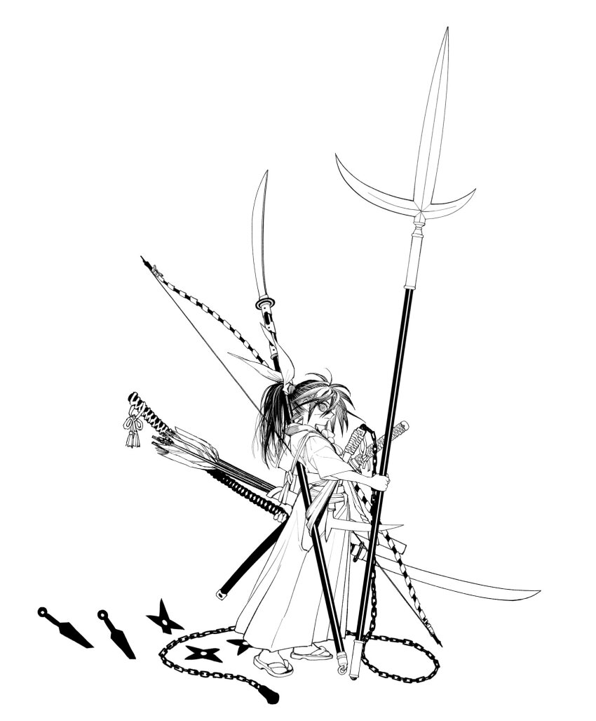 1girl arrow_(projectile) bow closed_mouth commentary_request empty_eyes from_side frown greyscale hair_bow hakama highres holding holding_polearm holding_sword holding_weapon huge_weapon isekai_samurai japanese_clothes juumonji_yari katana kimono kunai kusarigama long_hair looking_at_viewer looking_to_the_side messy_hair monochrome nagamaki naginata polearm ponytail profile quiver ringed_eyes saitou1218 samurai sandals scar scar_on_face scar_on_nose sheath sheathed short_sleeves shoulder_strap shuriken sickle simple_background solo spear standing sword tabi too_many_weapons tsukitsuba_ginko weapon weapon_on_back wide-eyed wide_shot yari yukata yumi_(bow) zouri