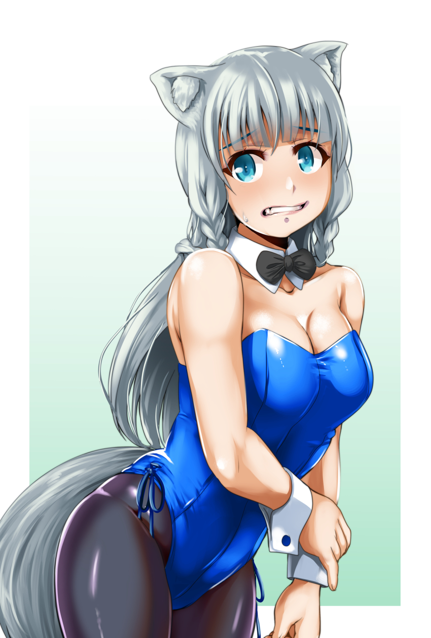 1girl absurdres animal_ears black_bow black_bowtie black_pantyhose blue_eyes blue_leotard bow bowtie breasts clenched_teeth cowboy_shot detached_collar gradient_background hataage!_kemono_michi highres large_breasts leotard long_hair looking_at_viewer nontraditional_playboy_bunny pantyhose playboy_bunny shigure_(kemonomichi) silver_hair solo strapless strapless_leotard tail teeth wolf_ears wolf_girl wolf_tail wrist_cuffs yellow_quokka