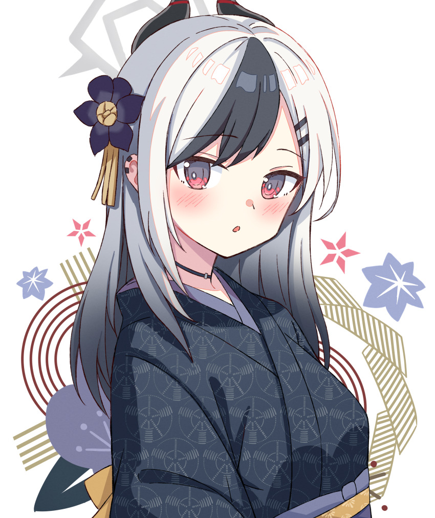 1girl absurdres black_choker black_hair black_horns black_kimono blue_archive blush choker commentary demon_horns ear_piercing flower grey_hair hair_flower hair_ornament hairclip halo highres horns japanese_clothes kayoko_(blue_archive) kayoko_(new_year)_(blue_archive) kimono long_hair looking_at_viewer official_alternate_costume official_alternate_hairstyle parted_lips piercing red_eyes setteiset solo swept_bangs
