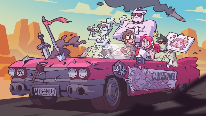 2girls 3boys :d absurdres animal_ears axe black_bow black_bowtie black_shorts bow bowtie breasts broken_glass car cat_boy cat_ears closed_eyes crown desert driving eyewear_on_head facial_mark glass green_eyes grey_hair hand_up highres holding holding_sign index_finger_raised jewelry large_breasts long_hair long_sleeves looking_at_another looking_back monster_roadtrip motor_vehicle multiple_boys multiple_girls muscular muscular_male necklace open_mouth outdoors pale_skin pink_hair planted planted_sword planted_weapon polearm ponytail purple_headwear raglan_sleeves rocket shirt shorts sign smile spear star_(symbol) star_print sunglasses sword teeth upper_teeth_only vanripper weapon whisker_markings white_shirt wrist_cuffs