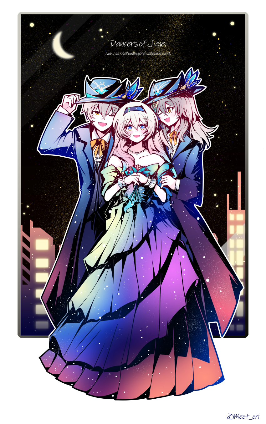 1boy 2girls absurdres blue_eyes border bouquet caelus_(honkai:_star_rail) electronduck english_text firefly_(honkai:_star_rail) flower full_body hat highres holding holding_bouquet honkai:_star_rail honkai_(series) multiple_girls night one_eye_closed open_mouth smile stelle_(honkai:_star_rail) trailblazer_(honkai:_star_rail) tuxedo twitter_username white_border yellow_eyes