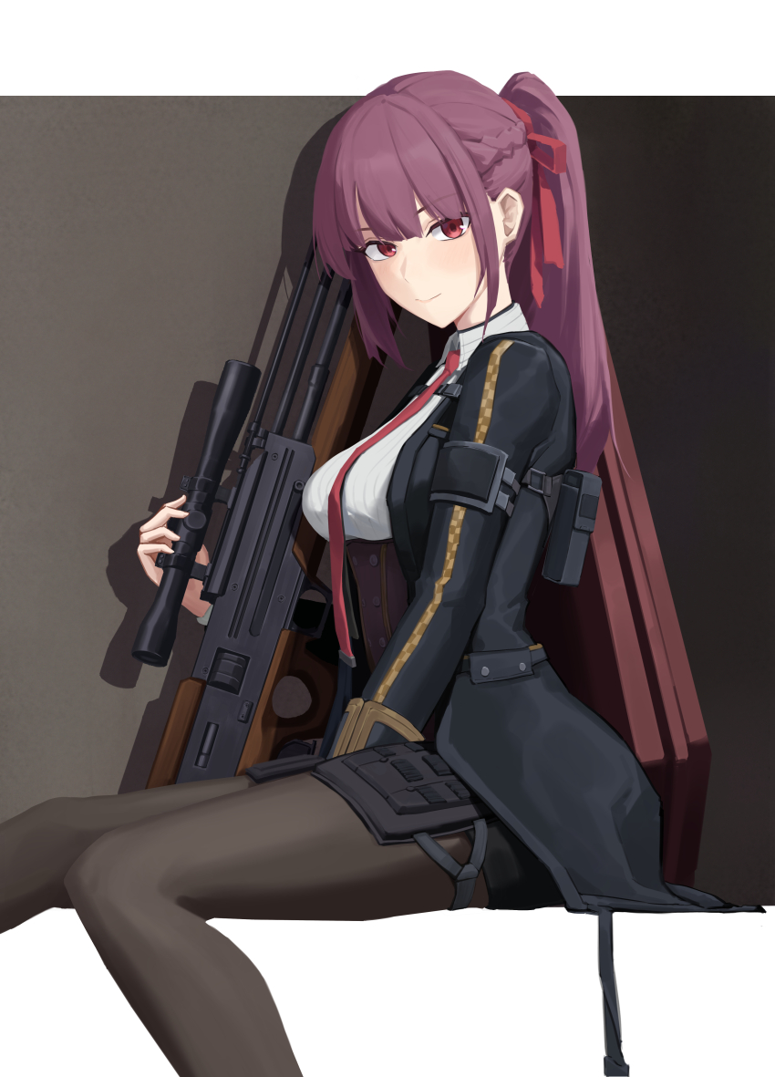 1girl absurdres black_jacket black_pantyhose breasts brown_background bullpup chinese_commentary closed_mouth collared_shirt commentary_request corset girls&#039;_frontline girls&#039;_frontline_2:_exilium gun highres holding holding_gun holding_weapon jacket long_hair looking_at_viewer makiatto_(girls&#039;_frontline_2) necktie open_clothes open_jacket pantyhose ponytail purple_corset purple_hair red_eyes red_necktie rifle scope shirt simple_background sitting smile sniper_rifle solo two-tone_background wa2000_(girls&#039;_frontline) walther walther_wa_2000 weapon white_background white_shirt wutou_qishi_bamamei