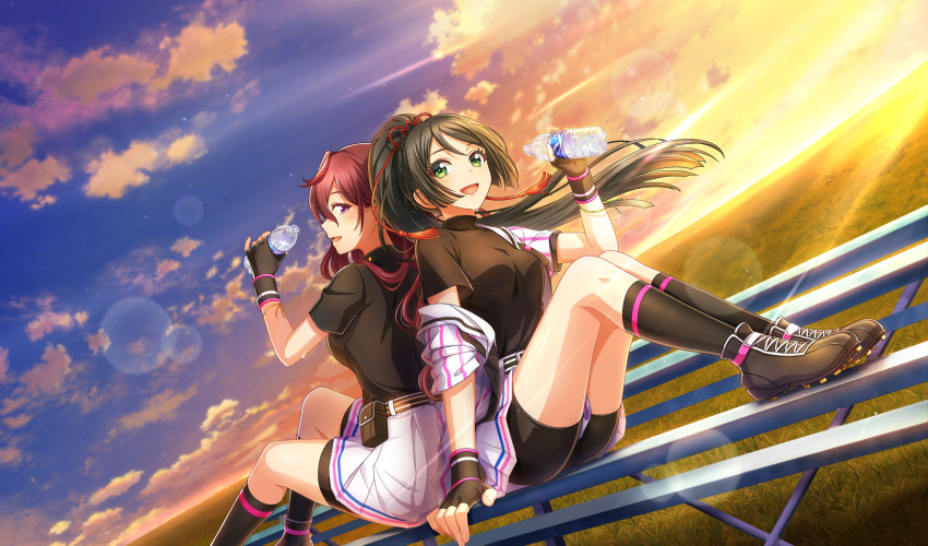 2girls :d back-to-back baseball_uniform belt belt_pouch bike_shorts_under_skirt black_belt black_footwear black_gloves black_hair black_pouch black_shorts black_socks black_undershirt bottle cinderella_series cloud film_grain fingerless_gloves floating_hair game_cg gloves green_eyes hachigatsu_no_cinderella_nine hair_between_eyes hair_ribbon high_ponytail highres holding holding_bottle honjo_chikage knees_up lens_flare light_particles long_hair looking_back multiple_girls neckerchief non-web_source official_art on_bench open_clothes open_mouth open_shirt orange_sky outdoors pink_neckerchief plastic_bottle pleated_skirt ponytail pouch purple_eyes purple_hair red_ribbon ribbon satogahama_baseball_uniform shirt shirt_under_shirt short_sleeves shorts sitting skirt sky smile socks sportswear striped_belt striped_clothes striped_shirt sweat tsukahara_shizuku vertical-striped_clothes vertical-striped_shirt very_long_hair wavy_hair wristband