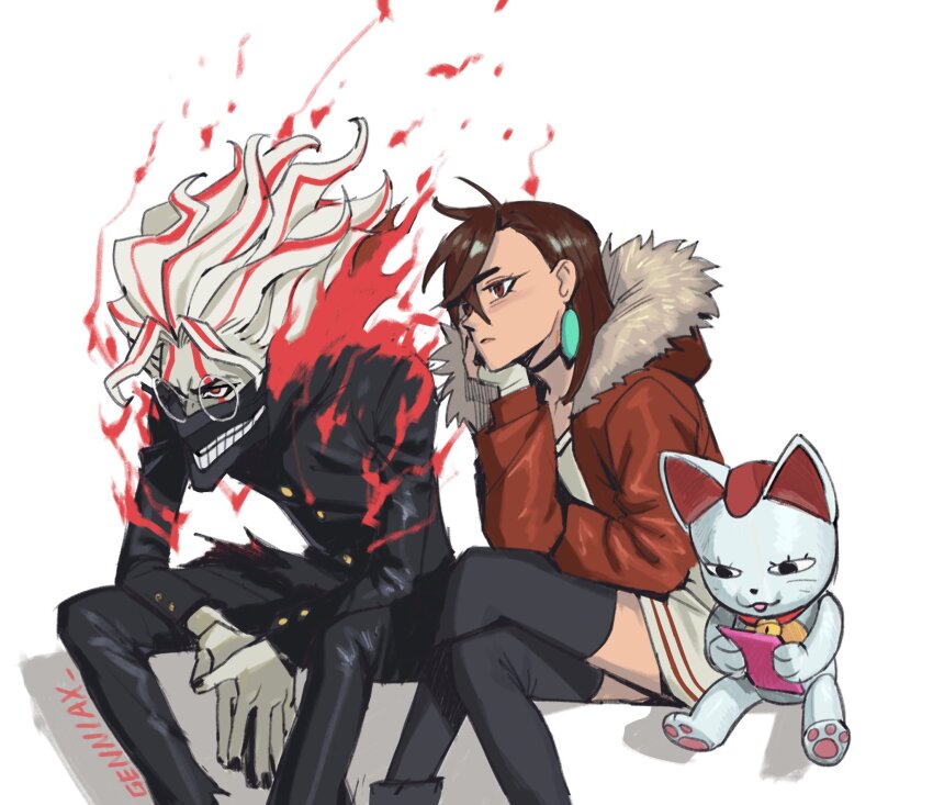 1boy 1girl alternate_form artist_name ayase_momo cat couple dandadan gakuran genniax glasses gyaru highres mask mouth_mask round_eyewear school_uniform signature sweater takakura_ken_(dandadan) takakura_ken_(transformed)_(dandadan) tall_hair transformation turbo_granny_(dandadan)