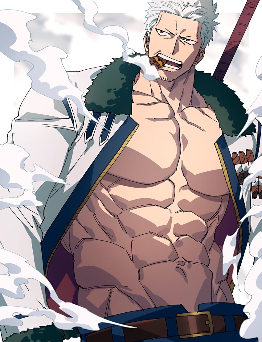 1boy abs bara belt belt_buckle blue_pants brown_belt buckle cigar coat collarbone commentary cowboy_shot domo_(domo_kizusuki) facial_hair fur-trimmed_collar fur-trimmed_sleeves fur_trim green_fur groin highres large_pectorals long_sleeves looking_to_the_side male_focus navel one_piece open_clothes open_coat pants pectorals short_hair sideways_glance smoke smoke_trail smoker_(one_piece) smoking solo standing weapon weapon_on_back zipper