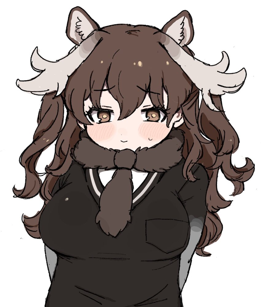 010mzam 1girl alternate_hairstyle animal_ears antlers arms_behind_back blush brown_eyes brown_fur brown_hair brown_necktie brown_sweater embarrassed extra_ears fur_collar grey_sweater hair_between_eyes highres horns kemono_friends long_hair looking_at_viewer moose_(kemono_friends) moose_antlers moose_ears moose_girl necktie sidelocks solo sweatdrop sweater twintails two-tone_sweater upper_body