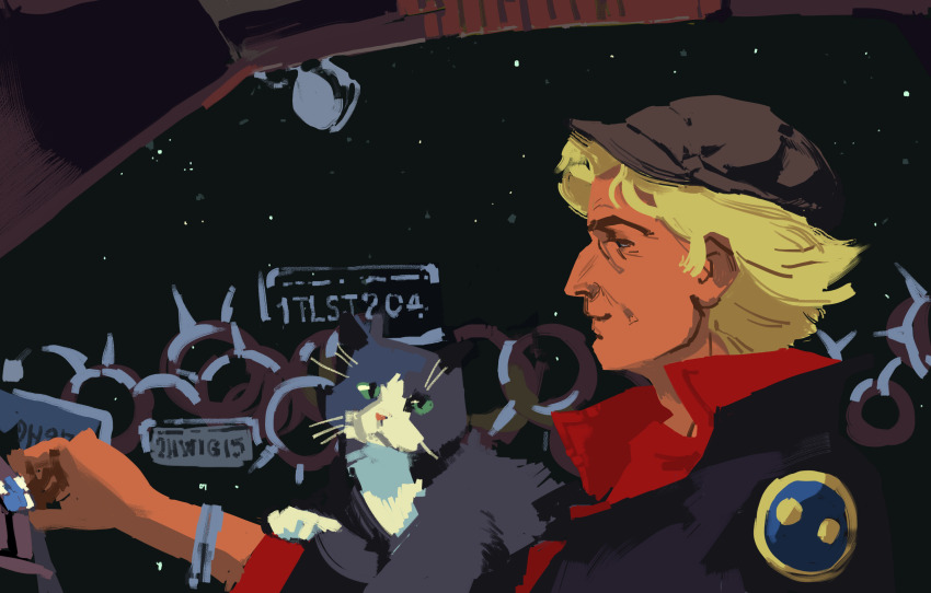 1girl absurdres animal black_jacket blonde_hair cat cowboy_bebop dark-skinned_female dark_skin green_eyes hat highres jacket old old_woman pierogish science_fiction smile space victoria_terpsichore zeros
