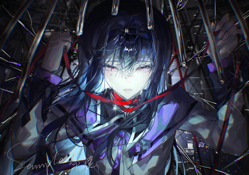 1girl akemi_homura black_capelet black_hair black_hairband blue_hair bow bowtie bright_pupils cage capelet chinese_commentary cityscape colored_inner_hair commentary_request crack cracked_glass crying crying_with_eyes_open dress frown hair_between_eyes hairband half-closed_eyes highres holding holding_ribbon in_cage layered_sleeves lips long_hair long_sleeves magical_girl mahou_shoujo_madoka_magica mahou_shoujo_madoka_magica_(anime) multicolored_hair neck_ribbon niangao89305 night night_sky open_mouth outdoors pink_lips purple_bow purple_bowtie purple_capelet purple_eyes red_pupils red_ribbon ribbon sad sample_watermark sidelocks sky solo straight-on teardrop tears two-tone_capelet upper_body very_long_hair watermark white_dress
