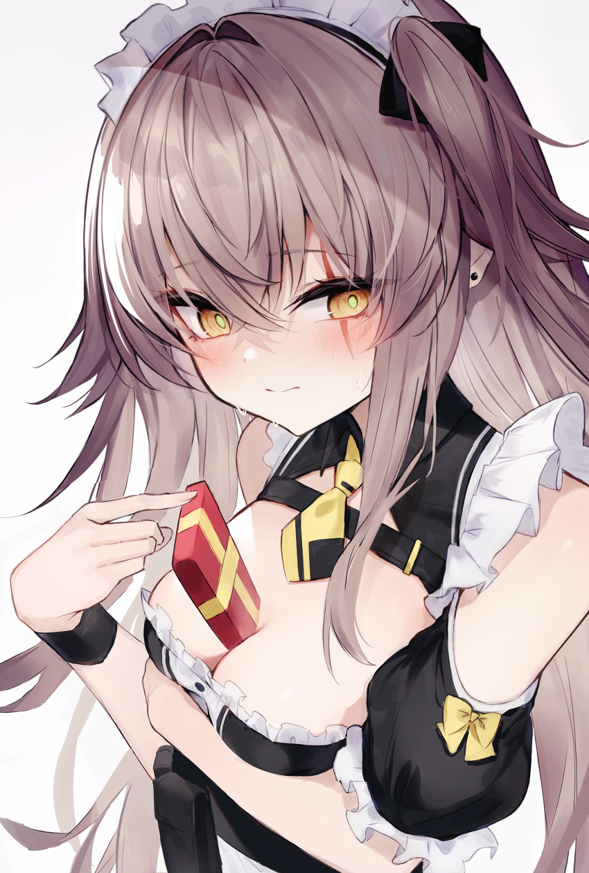 1girl absurdres alternate_costume arm_under_breasts blush box breasts brown_hair cleavage closed_mouth diieru ear_piercing embarrassed gift gift_box girls&#039;_frontline green_pupils hair_intakes highres long_hair maid maid_headdress necktie one_side_up piercing scar scar_across_eye scar_on_face short_necktie simple_background small_breasts solo sweat ump45_(girls&#039;_frontline) upper_body white_background yellow_eyes yellow_necktie
