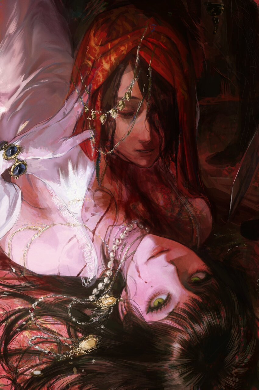 2girls black_hair blood blood_on_face blunt_bangs bracelet closed_eyes closed_mouth dress earrings gloves green_eyes highres jewelry light_smile long_hair lying multiple_girls necklace on_back on_ground original parted_lips seapall sidelocks sword upper_body upside-down veil weapon white_dress white_gloves