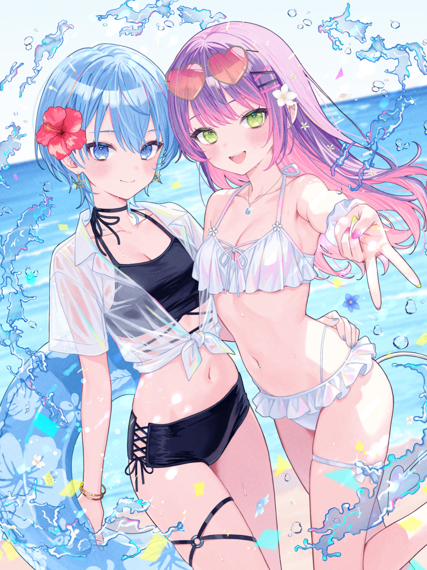2girls :d bikini black_bikini blue_eyes blue_hair breasts cleavage closed_mouth eyewear_on_head flower frilled_bikini frills green_eyes green_nails hair_flower hair_ornament hairclip heart heart-shaped_eyewear hibiscus highres hololive hoshimachi_suisei long_hair multicolored_nails multiple_girls nail_polish navel open_mouth pink-tinted_eyewear purple_hair purple_nails see-through_clothes see-through_shirt shirt short_hair small_breasts smile swim_ring swimsuit tinted_eyewear tokoyami_towa v virtual_youtuber water white_bikini white_flower white_shirt x_hair_ornament yuzuriha_(nx_e78)