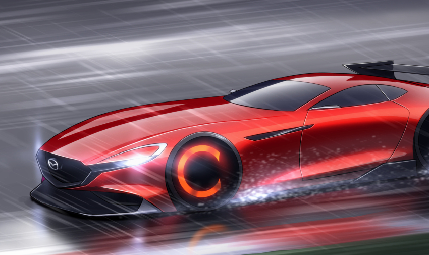 car glowing kai55 mazda mazda_rx-vision motor_vehicle no_humans original racetrack rain red_car reflection shadow spoiler_(automobile) vehicle_focus