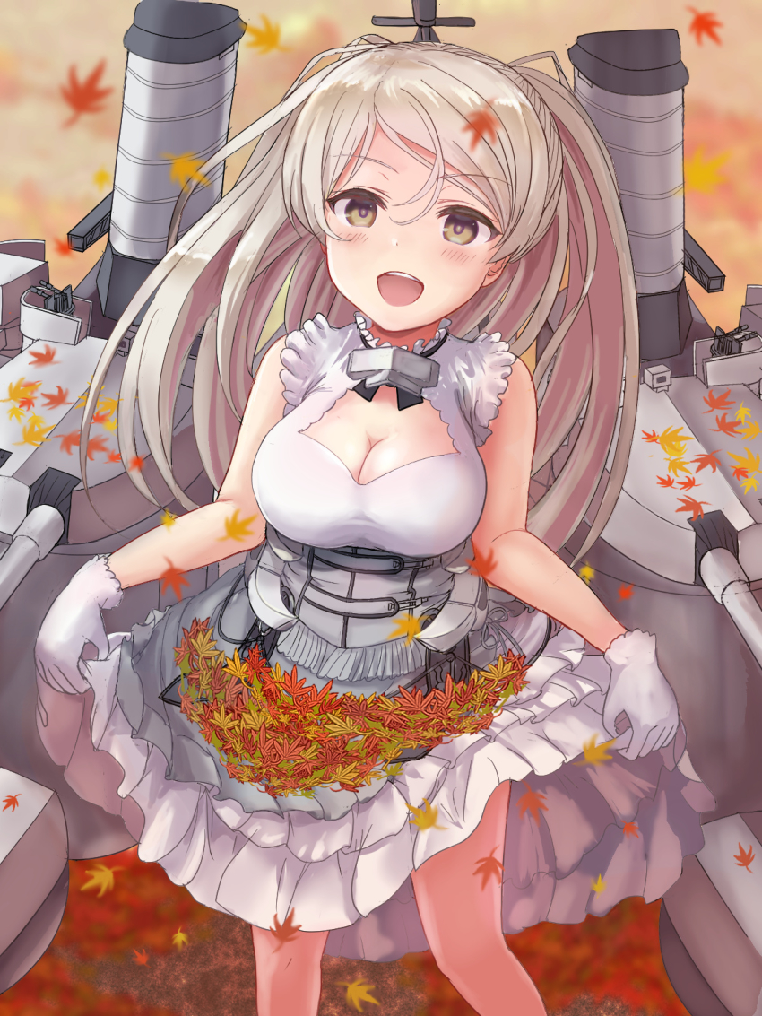 1girl armpit_cutout autumn_leaves blush breasts brown_eyes cannon cleavage cleavage_cutout clothing_cutout conte_di_cavour_(kancolle) conte_di_cavour_nuovo_(kancolle) corset dress em_s eyebrows frilled_dress frills gloves highres kantai_collection large_breasts layered_dress leaf long_hair looking_at_viewer machinery open_mouth outdoors ship_turret silver_hair skirt_hold smile smokestack solo two-tone_dress two_side_up white_dress white_gloves