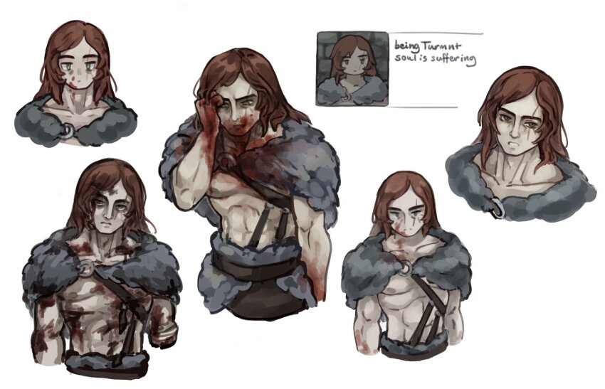 1boy abs amputee barbarian blood blood_on_clothes blood_on_face blood_on_hands brown_eyes capelet closed_mouth collarbone commentary commentary_request cropped_shoulders cropped_torso english_commentary english_text fear_&amp;_hunger_(series) fear_&amp;_hunger_1 fur_capelet fur_skirt hand_on_own_face kingjoshua long_hair looking_at_viewer male_focus multiple_views muscular muscular_male o-ring parted_lips ragnvaldr_(fear_&amp;_hunger) red_hair scar scar_across_eye scar_on_face simple_background white_background