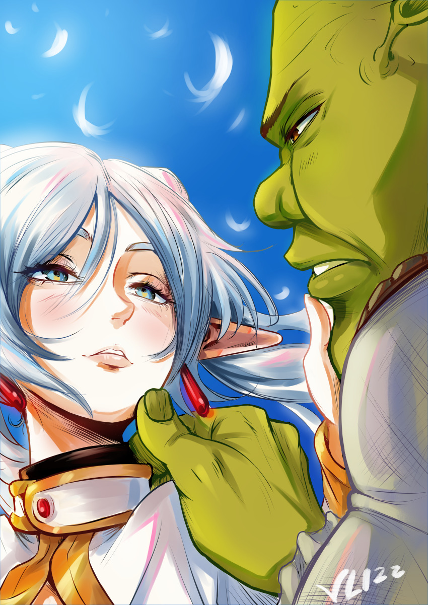 1boy 1girl absurdres blue_eyes brown_eyes capelet colored_skin commentary_request commission crossover earrings feathers frieren green_skin grey_hair hand_on_another&#039;s_chin hand_on_another&#039;s_shoulder highres jewelry pointy_ears shrek shrek_(series) signature sousou_no_frieren spanish_commentary teardrop_earrings vlizzyvlizz117 white_capelet white_hair