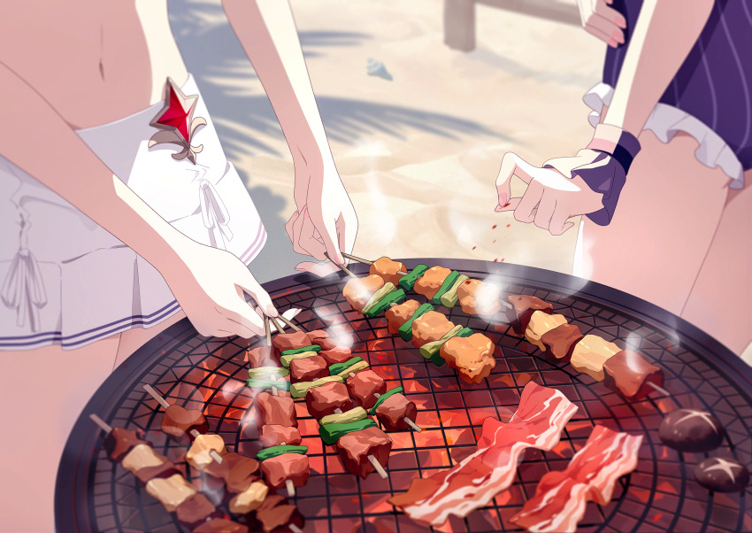 2girls bacon beach coal cooking food frilled_one-piece_swimsuit frills game_cg grill grilling highres iris_(stella_sora) miniskirt multiple_girls mushroom non-web_source official_art one-piece_swimsuit out_of_frame outdoors pinstripe_one-piece_swimsuit pleated_skirt purple_one-piece_swimsuit shia_(stella_sora) skewer skirt sprinkling stella_sora swimsuit white_skirt