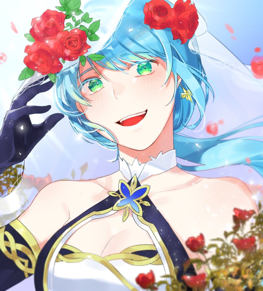 1girl bare_shoulders blue_eyes blue_hair breasts cleavage collarbone etain_(mabinogi) green_eyes highres long_hair looking_at_viewer low_ponytail mabinogi ponytail tang_h_mabi