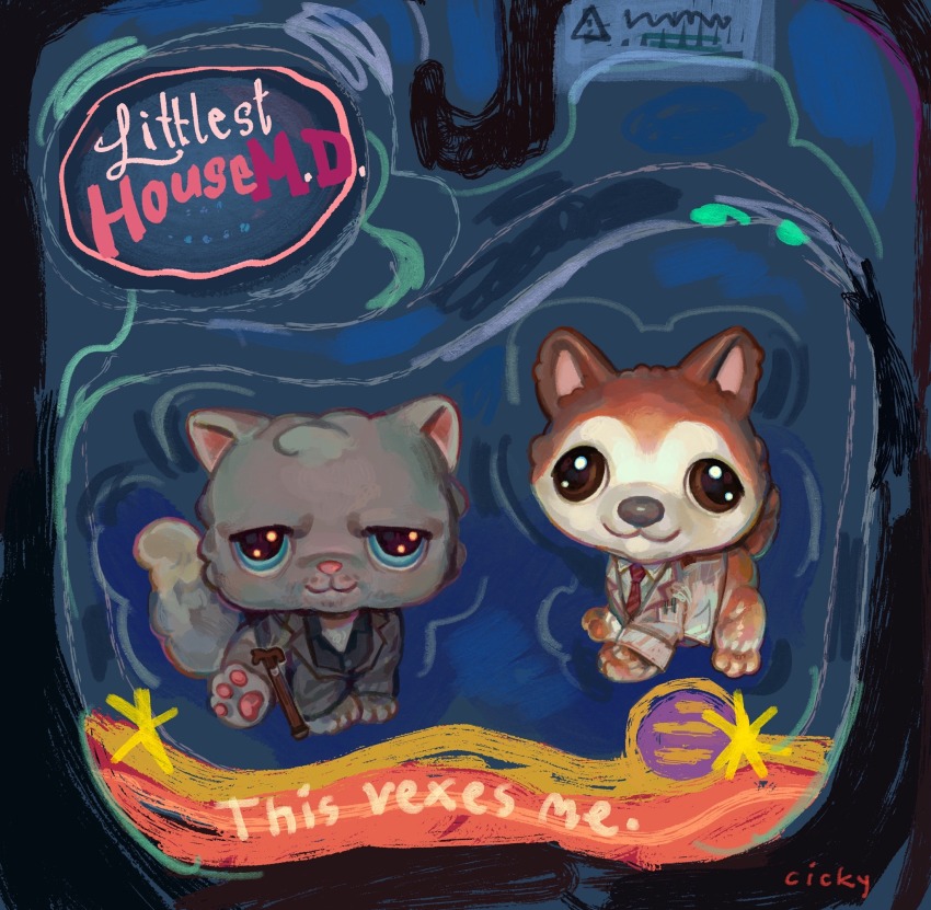 animal animalization brown_fur cickyart clothed_animal commentary dog english_commentary english_text gregory_house grey_cat grey_fur highres house_m.d. husky james_wilson littlest_pet_shop logo_parody no_humans object_focus objectification painterly parody persian_cat realistic toy toy_packaging what