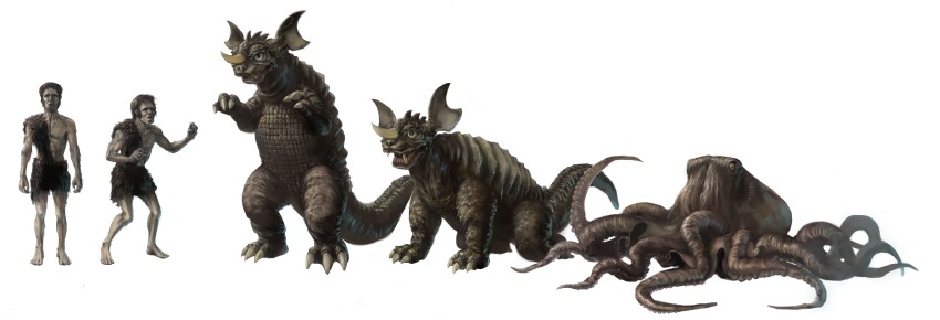 1boy absurdres baragon_(godzilla) crossover dinosaur frankenstein frankenstein&#039;s_monster frankenstein_(frankenstein_vs._baragon) frankenstein_vs._baragon giant giant_octopus_(godzilla) godzilla godzilla_(series) highres incredibly_absurdres kaiju octopus sea_monster simple_background size_chart size_comparison size_difference tail tentacles toho ultra-taf white_background
