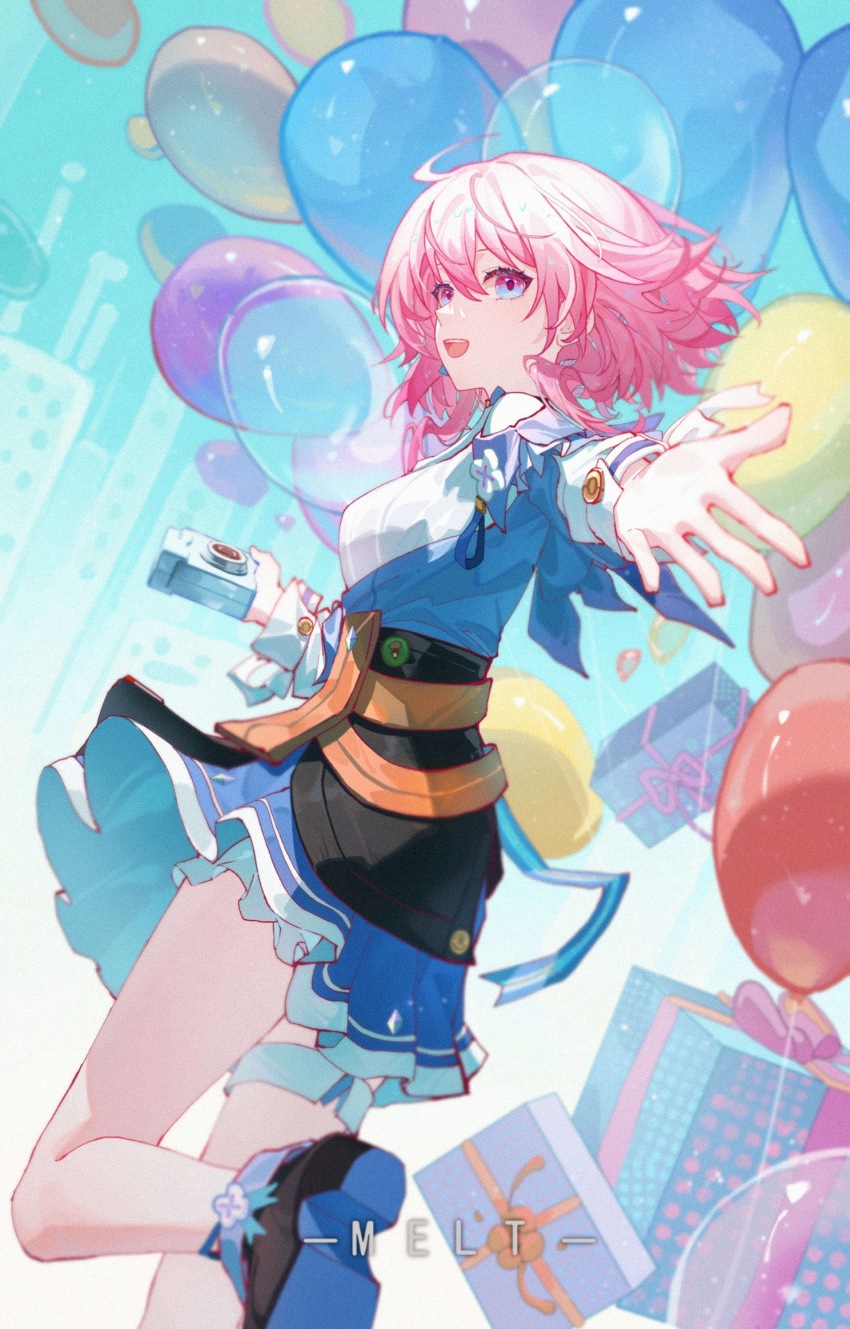 1girl ankle_boots artist_name balloon black_boots black_corset blue_boots blue_eyes blue_jacket blue_skirt boots box breasts camera chinese_commentary corset cowboy_shot earrings flower_ornament gift gift_box high_heel_boots high_heels highres holding holding_camera honkai:_star_rail honkai_(series) jacket jewelry leg_up long_sleeves march_7th_(honkai:_star_rail) march_7th_(preservation)_(honkai:_star_rail) medium_breasts medium_hair meirong miniskirt multicolored_boots multicolored_eyes off-shoulder_jacket off_shoulder open_mouth pink_eyes pink_hair pink_pupils pleated_skirt reaching reaching_towards_viewer shirt single_earring skirt smile solo teeth thigh_strap tied_jacket two-tone_boots two-tone_eyes underbust upper_teeth_only white_shirt