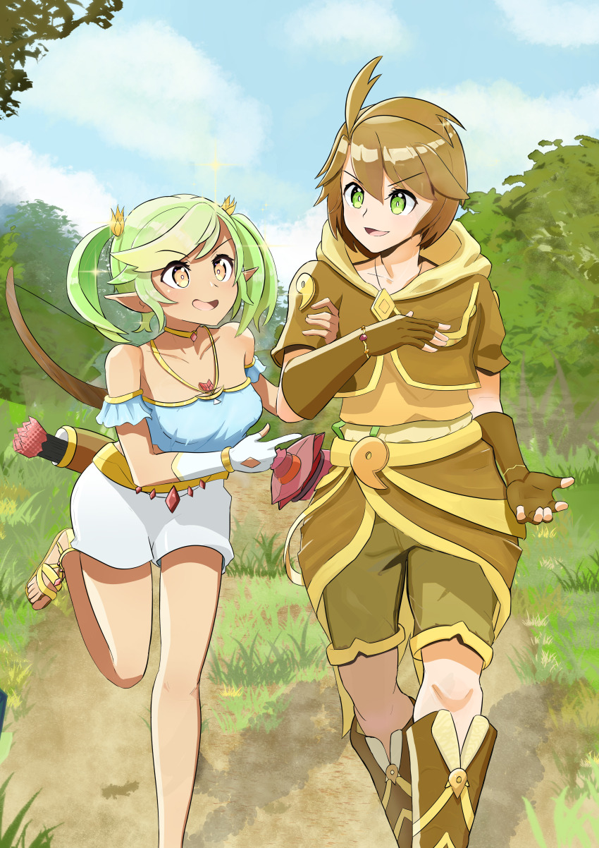 1boy 1girl absurdres bow bow_(weapon) brown_hair clanel_de_wargham dark_skin dirt_road elf gloves grass green_hair highres hood looking_at_another non-web_source open_mouth original pointy_ears road sheath shorts smile tree twintails walking weapon white_gloves white_shorts