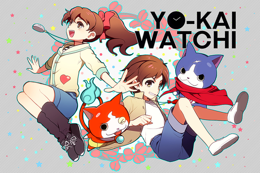 10s 1boy 1girl amano_keita black_eyes blush brown_eyes brown_hair cape cat child clenched_teeth copyright_name fangs fire flame-tipped_tail fumiaki_(youkai_watch) fuyunyan grandfather_and_granddaughter haramaki heart jewelry jibanyan kodama_fumika long_hair multiple_tails nano_(lanthan00) necklace notched_ear one_eye_closed open_mouth ponytail red_cape scar short_hair tail teeth tongue tongue_out traditional_youkai two_tails watch youkai_watch youkai_watch_(object) youkai_watch_2