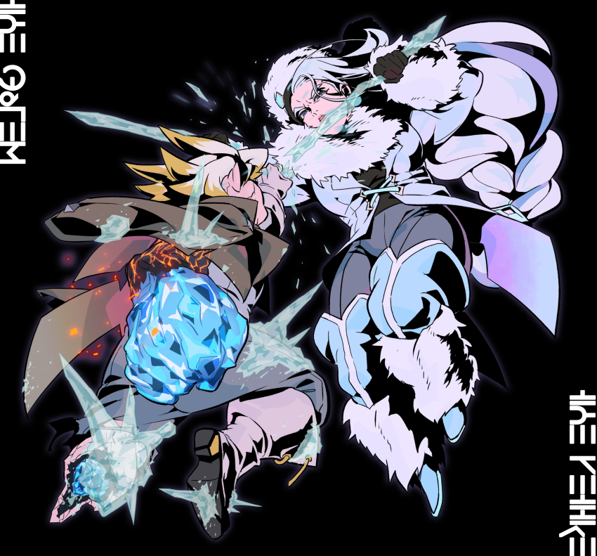 1boy 1girl absurdres arm_up black_background blue_eyes blue_footwear boots braid braided_ponytail brown_jacket commentary_request fur_hat game_freak gloves gordie_(pokemon) hat highres ice jacket korean_commentary leg_up leg_warmers long_hair melony_(pokemon) mother_and_son nintendo pants parted_lips pokemon pokemon_swsh redlhzz shoes short_hair thigh_boots white_headwear
