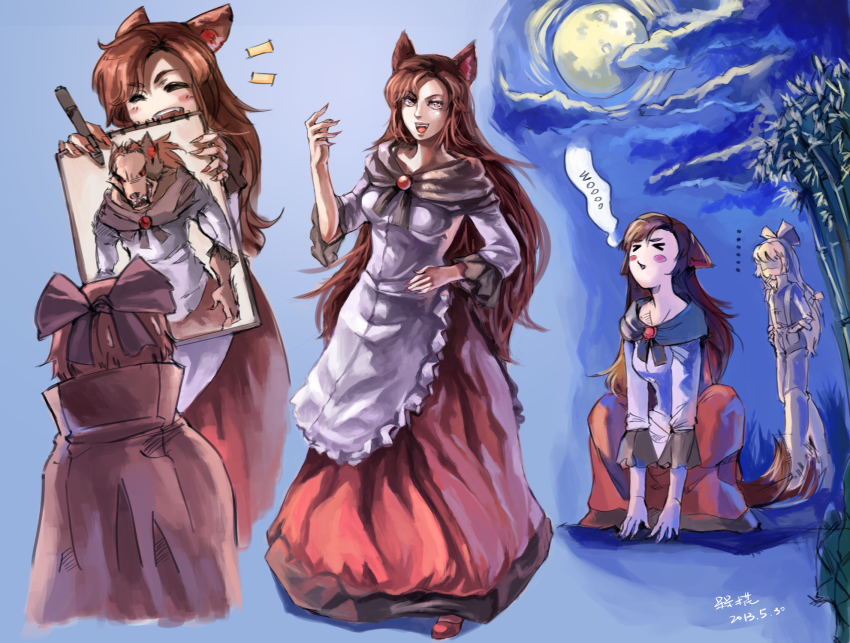 3girls :d animal_ears bamboo bamboo_forest bare_shoulders blush_stickers bow brooch brown_hair cape cigarette drawing dress closed_eyes fang fangs female_focus fingernails forest fujiwara_no_mokou full_moon hair_bow hair_ribbon highres howling imaizumi_kagerou jewelry lleu long_fingernails long_hair long_sleeves moon multiple_girls nature night night_sky nukekubi open_mouth pants red_eyes red_hair ribbon sekibanki shaded_face short_hair silver_hair sky smile squatting suspenders tail touhou very_long_hair werewolf wide_sleeves wolf_ears wolf_tail