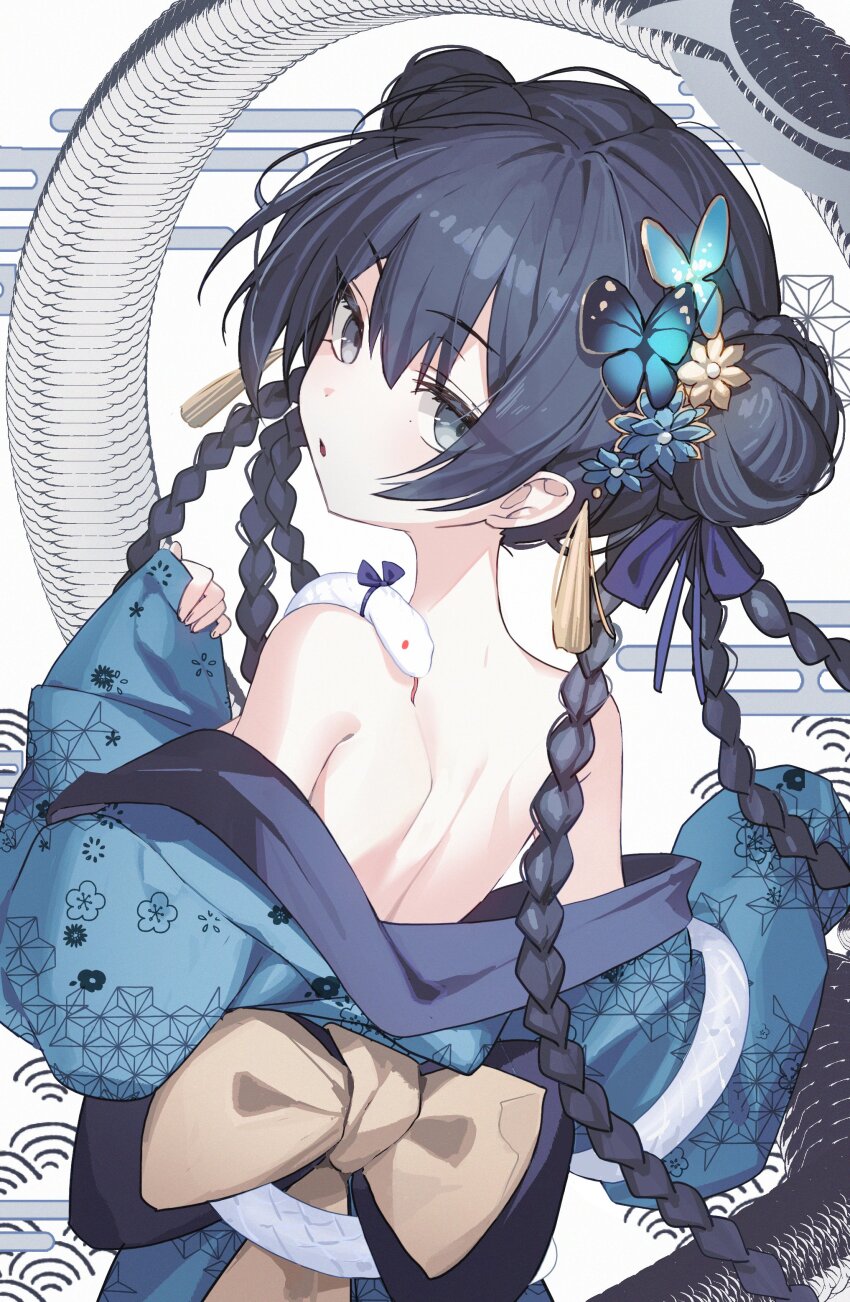1girl absurdres alternate_costume b_soyo1 back black_hair blue_archive blue_kimono bow braid breasts butterfly_hair_ornament double_bun expressionless floral_print floral_print_kimono flower from_behind grey_eyes hair_between_eyes hair_bun hair_flower hair_ornament highres japanese_clothes kimono kisaki_(blue_archive) long_hair looking_at_viewer looking_back multiple_braids off_shoulder parted_lips print_kimono sleeves_past_wrists small_breasts snake snake_on_shoulder solo tassel tassel_hair_ornament upper_body white_snake wide_sleeves yellow_bow