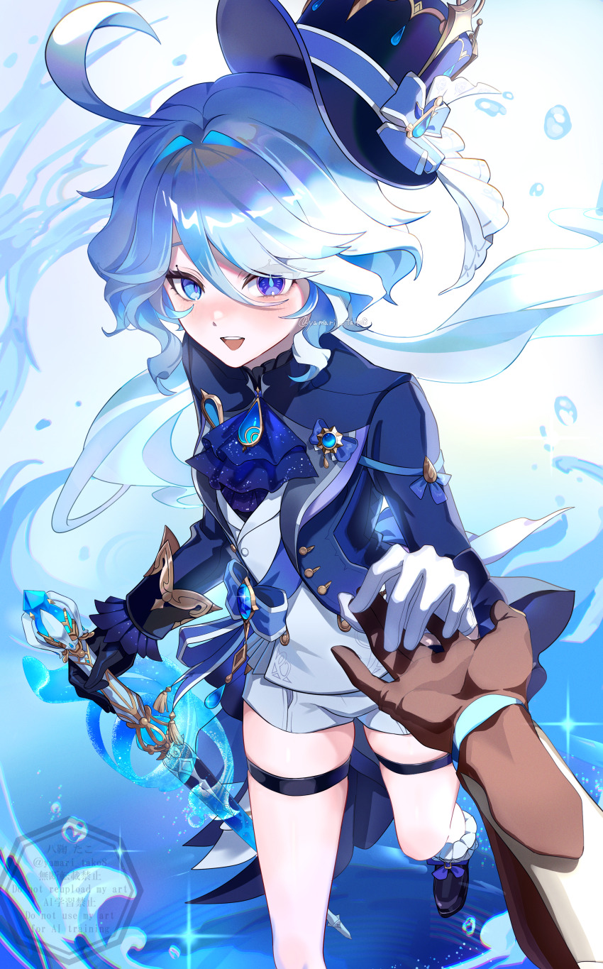 1girl absurdres aether_(genshin_impact) ahoge ascot asymmetrical_gloves blue_background blue_eyes blue_gemstone blue_hair bow cane furina_(genshin_impact) gem genshin_impact gloves hat hat_bow heterochromia highres holding holding_cane holding_hands jewelry mismatched_gloves pechika_01 pov pov_hands short_shorts shorts thigh_strap top_hat twitter_username water
