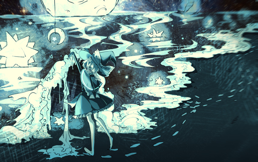 1girl artist_request barefoot beach blue_theme blurry_edges bow braid capelet commission cookie_(touhou) crescent_moon elbow_gloves footprints frilled_skirt frills full_body full_moon gloves hat hat_bow highres kirisame_marisa meguru_(cookie) monochrome moon ocean open_mouth second-party_source short_hair side_braid single_braid skirt smile solo standing star_(symbol) stellated_octahedron surreal touhou water waves witch_hat