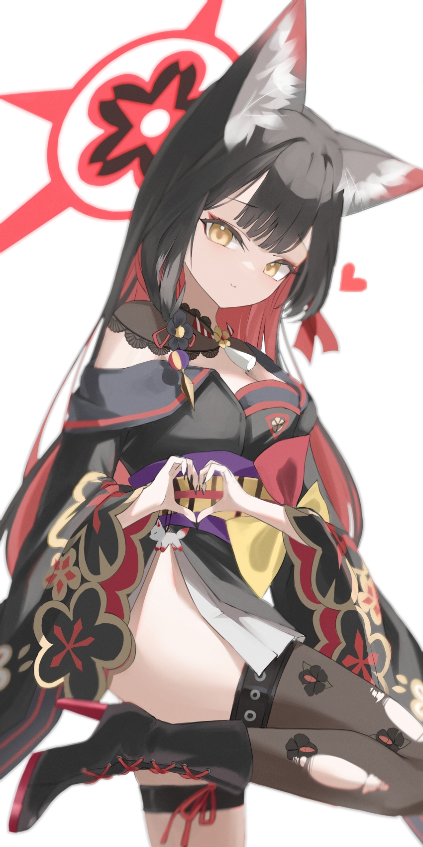 1girl absurdres animal_ear_fluff animal_ears black_boots black_hair black_kimono black_sailor_collar black_thighhighs blue_archive blunt_bangs boots breasts cleavage closed_mouth colored_inner_hair floral_print fox_ears fox_girl from_side hair_between_eyes heart heart_hands high_heel_boots high_heels highres japanese_clothes kimono large_breasts long_hair looking_at_viewer multicolored_hair obi purple_sash sailor_collar sash sidelocks single_thighhigh smile standing standing_on_one_leg thigh_strap thighhighs torn_clothes torn_thighhighs two-tone_hair vam_(js_vam) wakamo_(blue_archive) yellow_eyes