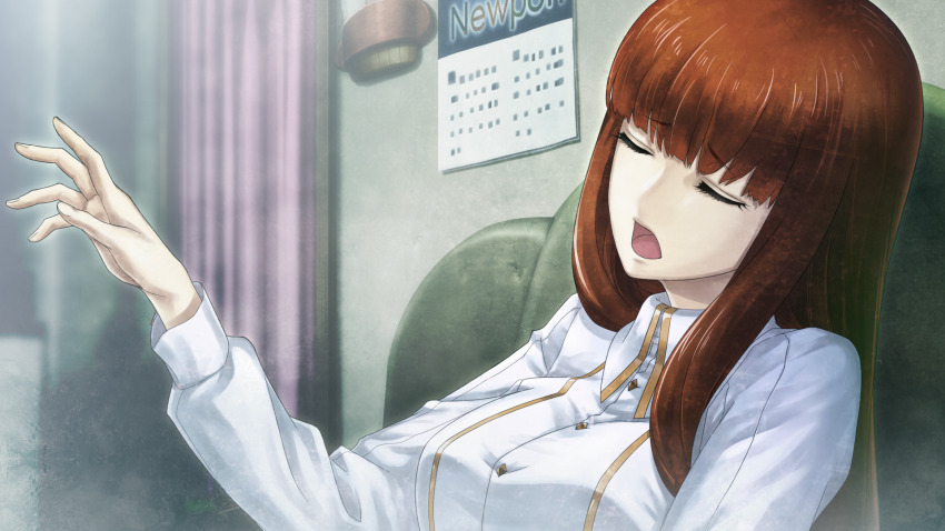 1girl 2015 breasts calendar_(object) collared_shirt future_gadget_lab game_cg hand_up highres huke indoors long_hair long_sleeves non-web_source official_art pain red_hair ringed_eyes shiina_kagari shirt small_breasts solo steins;gate steins;gate_0 white_shirt yellow_trim