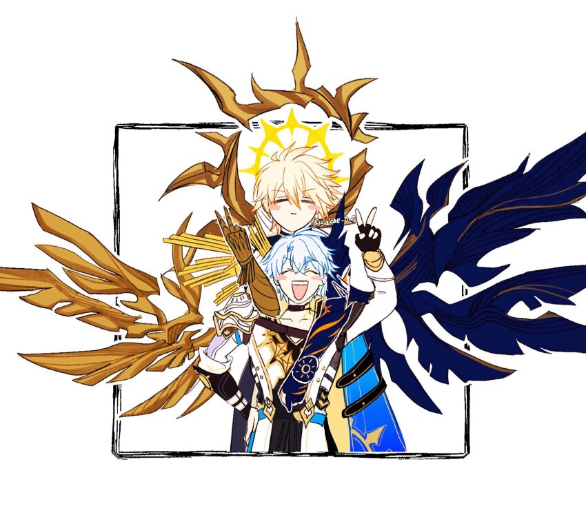 2boys alternate_form antenna_hair armor asymmetrical_wings black_choker black_gloves black_shirt black_wings blonde_hair blue_cape cape choker clawed_gauntlets closed_eyes coat commentary dual_persona fingerless_gloves gloves hair_between_eyes halo halo_behind_head highres honkai:_star_rail honkai_(series) male_focus multiple_boys pauldrons phainon_(honkai:_star_rail) sakae_0_0 shirt short_hair shoulder_armor simple_background single_glove single_pauldron symbol-only_commentary v white_background white_coat white_hair wings yellow_wings