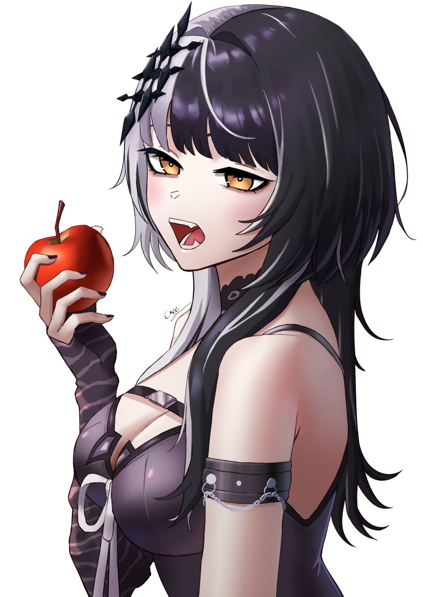 1girl absurdres am_creee apple black_arm_warmers black_choker black_dress black_hair black_nails breasts choker cleavage dress food fruit grey_hair hair_ornament highres holding holding_food holding_fruit hololive hololive_english large_breasts long_hair multicolored_hair open_mouth ribbon shiori_novella shiori_novella_(1st_costume) simple_background solo split-color_hair striped_arm_warmers teeth virtual_youtuber white_background white_ribbon yellow_eyes