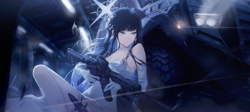 1girl absurdres bare_shoulders black_hair blue_archive blue_eyes blue_hair blue_halo closed_mouth colored_inner_hair commentary_request dress elbow_gloves firefight garter_straps gloves guan_byeol hair_ornament halo highres knife_sheath korean_commentary long_hair looking_to_the_side multicolored_hair official_alternate_costume projectile_trail saori_(blue_archive) saori_(dress)_(blue_archive) sheath sig_516 strapless strapless_dress taking_cover thigh_sheath white_dress white_garter_straps white_gloves