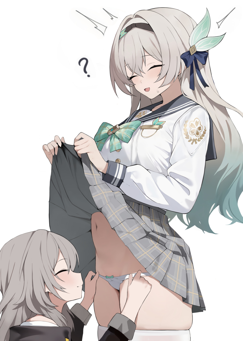 2girls ? absurdres aqua_bow aqua_bowtie aqua_hair black_hairband black_ribbon black_sailor_collar bow bowtie closed_eyes clothes_lift firefly_(honkai:_star_rail) firefly_(spring_missive)_(honkai:_star_rail) grey_hair grey_skirt hair_ribbon hairband highres honkai:_star_rail honkai_(series) lifting_own_clothes long_hair long_sleeves multiple_girls navel official_alternate_costume panties redshark_(t373412) ribbon sailor_collar school_uniform serafuku simple_background skirt skirt_lift stelle_(honkai:_star_rail) stomach thighhighs thighs trailblazer_(honkai:_star_rail) underwear variant_set white_background white_panties white_thighhighs