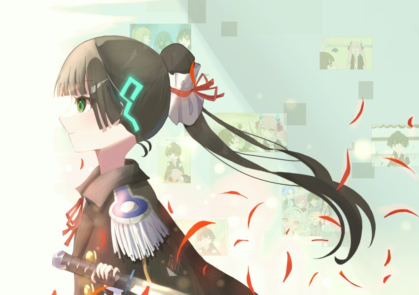 1girl absurdres black_hair blunt_bangs epaulettes from_side green_eyes hanamura_shiki heaven_burns_red highres holding holding_sword holding_weapon kanzaki_adelheid kurozawa_maki li_yingxia long_hair maruyama_kanata matsuoka_chiroru mikoto_fubuki natsume_inori neck_ribbon ogasawara_hisame ponytail red_petals red_ribbon ribbon rumi_3024 shirt solo_focus sword team_31f_(heaven_burns_red) weapon white_shirt yanagi_mion