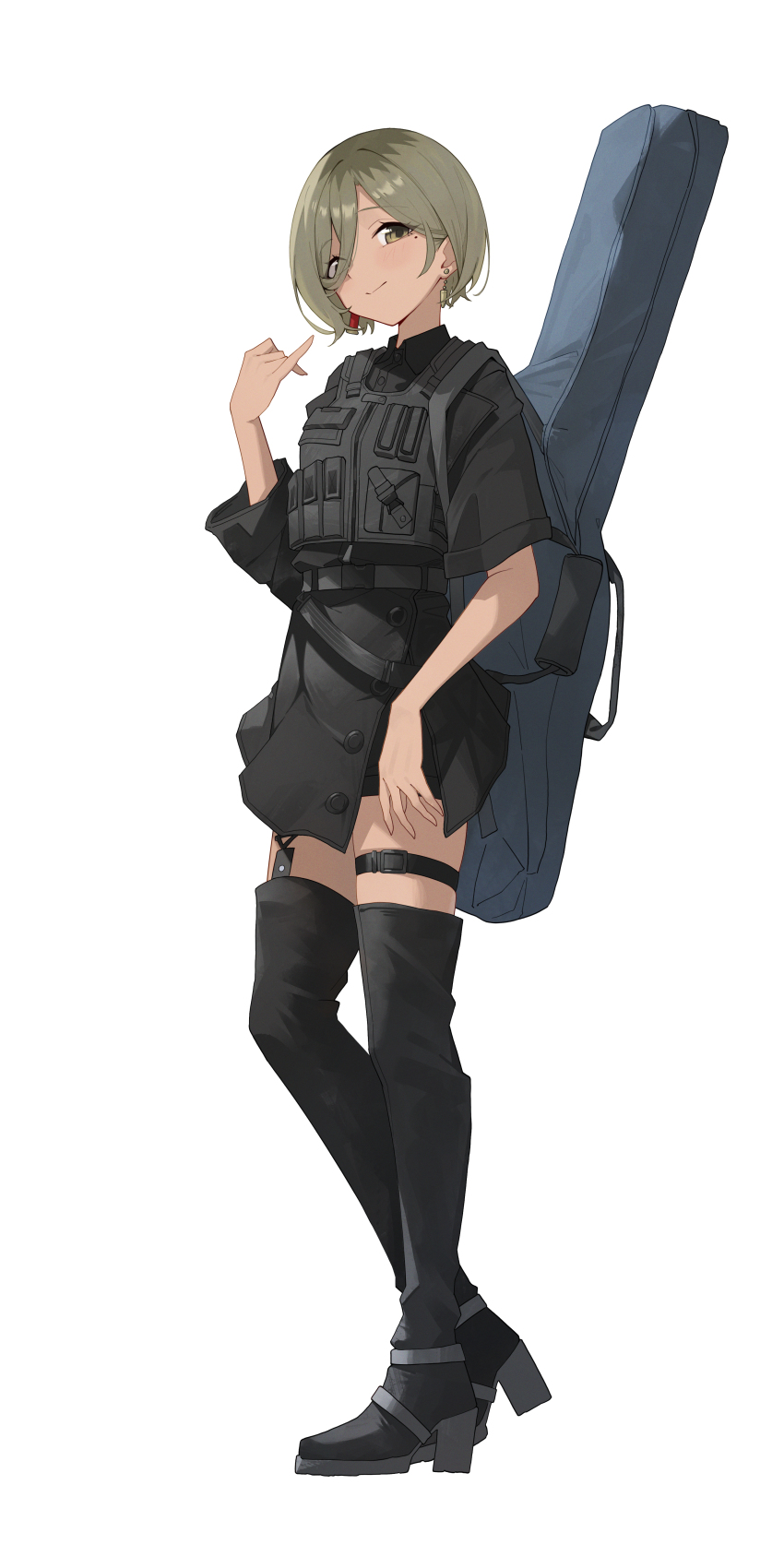 1girl absurdres asymmetrical_sleeves black_boots black_jacket black_shorts boots brown_eyes brown_hair commentary earrings full_body garter_straps girls_band_cry guitar_case hair_between_eyes hand_up highres instrument_case instrument_on_back jacket jewelry load_bearing_vest long_hair_between_eyes looking_at_viewer mole mole_under_eye multicolored_hair pinky_out roots_(hair) rupa_(girls_band_cry) short_hair shorts simple_background solo sukaliya thigh_boots thigh_strap three-quarter_sleeves white_background